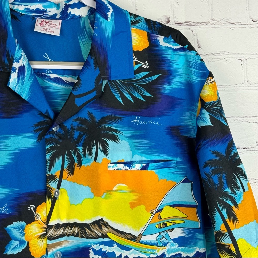 Kalena Vintage Vibrant Blue and Yellow Hawaiian Surf Button Down Shirt XL - Picture 3 of 6